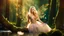 Placeholder: A gorgeous smiling blonde model in a fairy outfit with great glittering wings in a magic forest with 1000 y/o trees, a small torrent, loads of mini flowers, moss, sun rays through the branches, particles in the air at spring