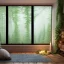 Placeholder: a gorgeous, stunning nature room facing a huge window with forest view, multiple pillows on rustic wood floor, blanket, many candles, foliage, tranquil, cozy, 8k resolution, high-quality, fine-detail, digital art, detailed matte, volumetric lighting, illustration, 3D octane render, brian froud, howard lyon, selina french, annie stokes, lisa parker, greg rutowski,