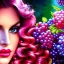 Placeholder: Hyperdetailed oil on canvas, gia carangi, detailed face, long hair, surrounded by luminous colorful sparkles, gypsy, grapes, blueberries, plums, sumac, pink bubbles, purple, by anne stokes, gaspar camps, maxfield parrish, alphonse mucha, cyril rolando, airbrush, depth of field, octane render, volumetric lighting; deep colors, symmetrical, cinematic, high coherence, golden ratio, rule of thirds, perfectly centered; anatomically correct faces, by james r. eads, ilon wikland art, vladyslav yerko