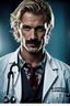 Placeholder: Mid-thirties, Caucasian male doctor, creepy smile, messy blonde hair, light-colored thick mustache, pale blue eyes, broad shoulders, muscular, six foot, Hawaiian shirt under white lab coat, bloodstains at the edges of the lab coat. Strong Jaw line, in a dark, shadowy room with tendrils of black reaching around him. photo realistic