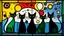 Placeholder: a playful abstract stained glass window in the style of Joan Miró, featuring six minimalist cats made of bold black lines and simplified organic shapes. The composition includes floating eyes, moons, dots, and stars in primary colors — red, yellow, blue — mixed with bright green and black. Each cat is reduced to essential forms: circles, curves, sharp ears, long tails, integrated into a colorful, free-flowing pattern. The stained glass has a modern, light-hearted energy, filled with whimsical sy