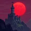 Placeholder: 8 bit pixelart a towering castle perched atop windswept cliffs, its jagged stone figure bathed in the cinematic crimson glow of a giant, imposing red harvest moon, red sky