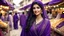 Placeholder: Hyper Realistic Beautiful Happy Pashto Woman with Beautiful-Kajal-Eyes & Long-Black Hair wearing Purple-Dress-&-Beige-Shawl in a market with garland-light-&-some-shops with traditional environment showing dramatic & cinematic ambiance.