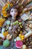 Placeholder: 'Doll Parts" depicts a statue at Burning Man consisting of mismatched doll parts decorated with intricately detailed quilling consisting of flowers, foliage, feathers, shells, fossils, wood, pinecones, and gemstones; surrealism; Salvador Dali; Mixed media, quilling, rapturous, award-winning, intricate, insanely detailed, elegant, fantasy