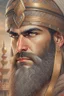 Placeholder: Mesopotamian warrior, expression serious, aura, portrait, background Mesopotamian city, comic style, long beard,