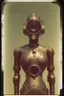 Placeholder: steampunk, vintage analog polaroid of a woman robot, female body, fog, lomography, heavy film grain, night, color bleed, depth of field, bokeh, retro