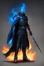 Placeholder: A commander with a matte black combat helmet and eyes with bright blue flaming pupils, a black cape and a long coat with long combat boots and a long, sharp and fiery spear and with his helmet under his cape and two blue flames instead of eyes