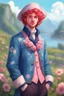Placeholder: kind young sailor, man, red slightly curly hair, long jacket, pink-azure clothes, pink-azure cocked hat, white floral pattern on the jacket, flower in the hair, stardew, valley style