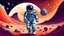 Placeholder: Astronaut explores space being desert planet. Astronaut space suit performing extra cosmic activity space against stars and planets background. Human space flight. Modern vector illustration