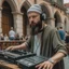 Placeholder: A bearded DJ with a hat on his head at the DJ console, many electronic consoles around, play middle street of medieval city, FRONT VIEW