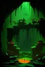 Placeholder: An animated 2d platformer of an apocalyptic sewer with small, has a very dark green analogous color scheme with some orange complementary color to it. Very dark, mossy theme