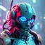 Placeholder: a damaged cyberpunk robot, bright colours, futuristic, dystopia, stylised, digital art, 3d render