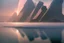 Placeholder: distant modern city, sea, mist, rocks, lake reflection, epic, sci-fi, movie poster