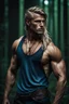 Placeholder: Muscular Alpha male with dirty long blonde undercut hair, and piercing blue eyes. Dark Fantasy dark forest background photo realistic