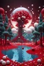 Placeholder: A stunning forest with tree made out of plastics and a lake of white small balls ad water, surreal, Dali, Van Gogh, fine line art styles , fantasy world ,3D , 8k, dim lighting and clouds is fume, dark red colors