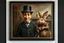 Placeholder: Real Charlie Chaplin in front of the frame, and town major troll mouse rabbit in style of Rembrandt and Fallout 4, with motion blur, all on a painting on wall with black wooden frame and with black wall background