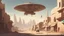 Placeholder: Small, sleek cargo spaceship, built like a teardrop, landing in a wide empty ruined alien street, blue sky