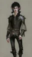 Placeholder: ron koza style, young man elf, he has curly, black hair and sharp cheekbones. His eyes are black. pale skin. He wears fantasy medieval clothes. full body with boots