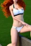 Placeholder: In the style of Viorie, hyper detailed, strikingly beautiful teen female, 16 years old, long ponytail, ginger hair, green eyes, medium freckles, full lips, full body, full face, b-cup breasts, athletic, centred camera, ignore NSFW, bikini, athletic, sitting,