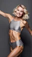 Placeholder: anorexic beautiful girl, age 21, total shot, short silver triathlon swimsuit, blonde wavy bob haircut, grey background