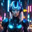 Placeholder: full body portrait of robotic cyberpunk artificial animatronic iridescent attractive_female_cyborg, Alien,futuristic, ,neon black colors, with incandescent blue eyes, blonde_hair,futuristic helmet on the head,, in neon city, nighttime