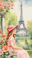 Placeholder: Anne Shirley, vintage, 10 years old, summer, pretty face, beautiful flowers, Eiffel Tower in the background, flowers, colorful, watercolor, watercolor painting, beautiful painting, watercolor detailed art, post card