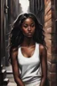 Placeholder: a dark painting, standing at the top of a brownstone stoop on a very dark street in new york, the actress Justine Skye has straight black hair, she wearing a tight white tank top and white shorts, painted in the style of Peter Paul Rubens, chiaroscuro lighting, she is in profile looking to the right