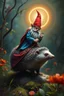Placeholder: airbrush and oil paint, depth of field, aura with halo, close up on blue and red clothed gnome riding hedgehog opossum with lance in garden of eden in the style of Escher and Giger
