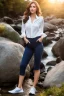 Placeholder: full body shot of realistic, portrait and full body of a woman standing next to rocky river in country side, beautiful face with nice make up, sunlight, cinematic light, bangs, a beautiful woman, beautiful eyes, brown curved hair, perfect anatomy, very cute, princess eyes , (blue eyes) , nice sport shoes ,Centered image, stylized, life size,8k Resolution, low-cut dress with small blue details, human hands, wonder full, elegant, approaching perfection, dynamic, highly detailed, character sheet,