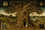 Placeholder: gnarled and twisted tree of life with faces and bodies in the trunk, deep colour, Hieronymus Bosch