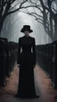 Placeholder: Woman in black at a horror movie style funeral