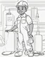 Placeholder: coloring page, depicting a black boy as a Electrician, full body, outline, black and white, highly defined, well defined, white background, empty background, cartoon style, coloring book style