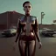 Placeholder: retro sci-fi portrait image from 1960, supermarket parking explosion, fire, classic black widow, young Scarlett Johansson, classic tight lycra latex suit, retro superhero style, soft color, highly detailed, unreal engine 5, ray tracing, RTX, lumen lighting, ultra detail, volumetric lighting, 3d, finely drawn, high definition, high resolution.