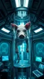Placeholder: A hybrid half human with pig face inside a laboratory transparent cylinder connected with many wires and small plastic tube to big machine inside a aliens space ship, 4k , high quality picture and dim lighting with small screen monitors