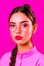 Placeholder: Very pretty girl behind a plain pink background with braided hair wearing glasses and earring