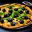 Placeholder: Pizza with black olives on it and pasta with green olives on it