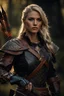 Placeholder: blonde female hunter with a bow and arrow wearing leather half armour dark fantasy Realistic 4k