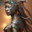 Placeholder: Sango fantasy, fantasy magic, intricate, sharp focus, illustration, highly detailed, digital painting, concept art, matte, art germ and Paul Lewin and Kehinde Wiley, masterpiece Indonesian lady head bronze tiger Asian African girl nice breast Thai hair turquoise silver waves