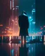 Placeholder: A striking and dramatic image of a lone figure standing in the rain, with a city skyline in the background and neon lights reflecting off the wet pavement, casting deep shadows and highlighting the figure's silhouette, photorealistic, 3d rendering, 8k, no noise,