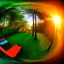 Placeholder: Sunset in a dense lush tropical jungle with lawn chairs, blue red and yellow. Warped. Fisheye. Bokeh.