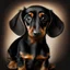 Placeholder: Disney style picture of a black and tan short hair dachshund puppy of 7 months. more black than tan, symmetric