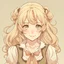 Placeholder: Teenage girl with blonde hair pulled into a half bun with the rest of the hair in big bouncy tight curls hanging down around her neck and a few small curly hairs around her face, brown eyes, anime style, front facing, looking into the camera, cream peasant top and cream corset,