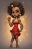 Placeholder: A fierce yet cute airbrushed black chibi Lioness cartoon girl standing proudly with her curvy body and head held high. Her brown skin has temporary golden Leo constellation tattoos. She raises her fist powerfully like a lion's paw, wearing a bold red dress representing her leadership qualities.