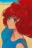 Placeholder: 1girl, retro anime, 80's, redhead,portrait, synth-wave colored, beach