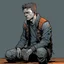 Placeholder: man, ethan hawk, looking at the floor, looking serious, comic book, post-apocalypse, grey background, illustration,