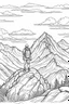 Placeholder: A hiker standing triumphantly on a mountain summit, gazing out over a vast landscape, symbolizes the conquest of challenges and the freedom of achievement.coloring book page, simple and clean line art, adult drawing book, black and white, crisp black lines, no shades, sharp lines, coloring book for adults, cartoon style, landscape