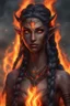 Placeholder: Fire Eladrin druid female. Hair is long and bright black part glows. Part of hair is braided and fire comes out from it. Big bright red eyes. Is generating fire with her hands and fire are coming our off them . Skin color is tanned. Has a huge scar on face.