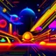 Placeholder: create a pic that reminds about techno music, dance and syntwave , with neon and yellow rays and starships