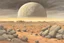 Placeholder: Grey sky with one planet in the horizon, rocks, sci-fi, rocky arid land, 2000's sci-fi movies influence, rodolphe wytsman and friedrich eckenfelder impressionism paintings