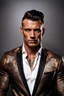 Placeholder: portrait of a 35 year old Handsome muscular male with light bronze skin adorned with tattoos. wearing an expensive suit. photorealistic